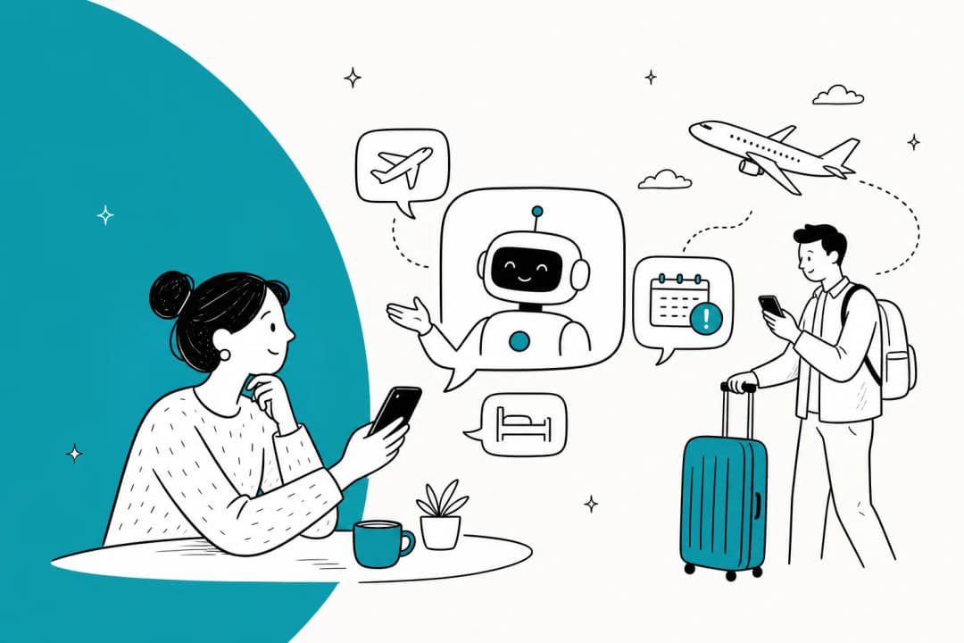 旅行業界向けAIチャットボットのガイドのためのイラスト付きヒーローバナー