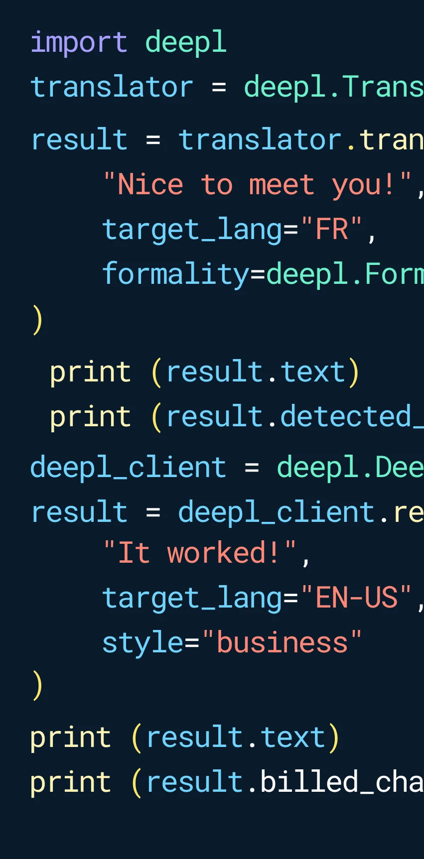 Pythonインテグレーションを示すDeepL APIのコード例