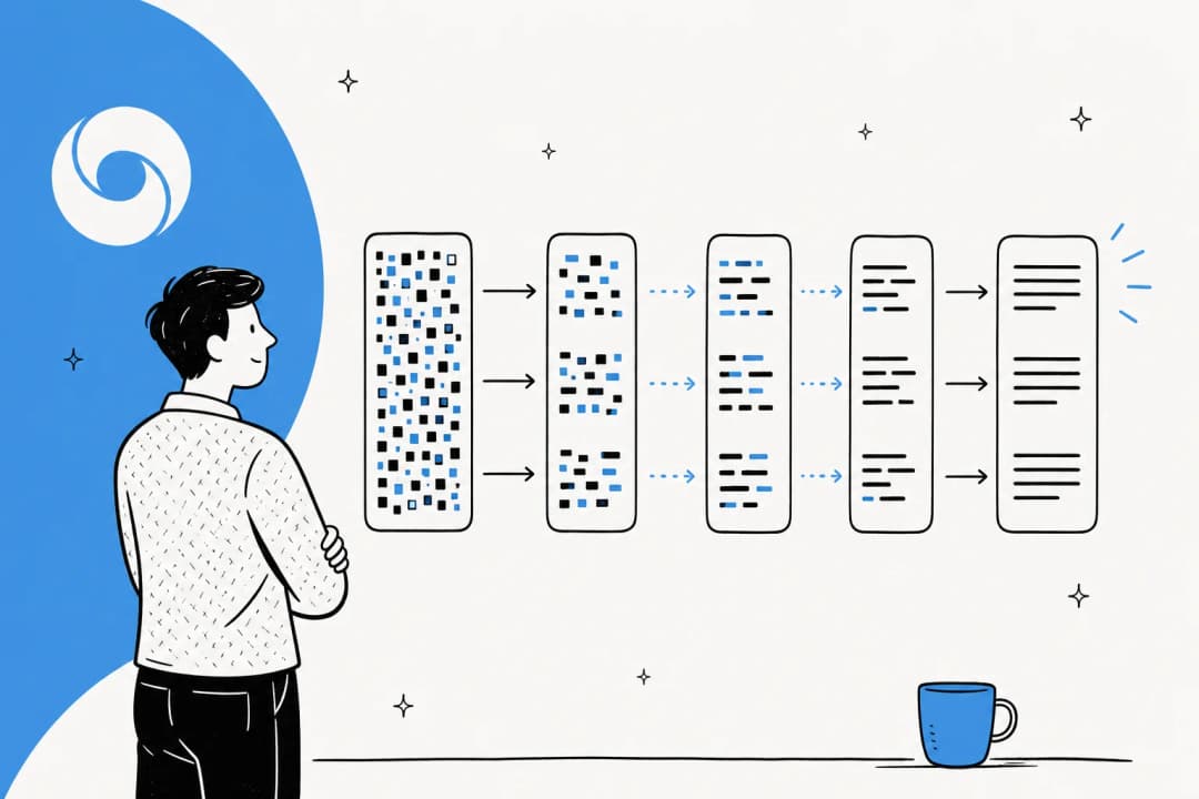 ばらばらのテキストトークンが整った読みやすいテキストへと収束する様子のイラスト。DiffusionGemmaの並列ノイズ除去を表現