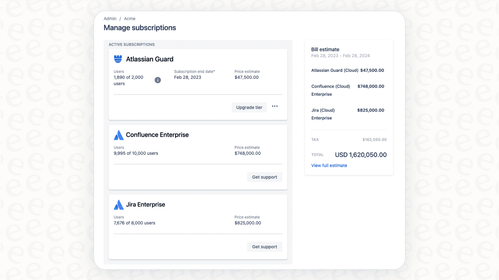 Atlassian Guardの料金ページ。Jira料金に影響を与えるプラットフォームレベルのアドオンの一例です。