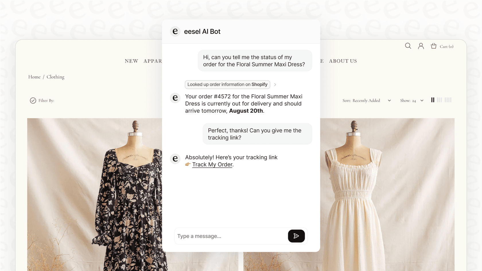 A demonstration of the eesel AI chatbot handling a customer query about delivery status, showcasing a key post-launch step after you create a Shopify store with AI. Integrating an AI agent automates support and improves the customer experience.::
