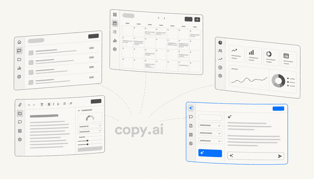 Copy.aiの代替ツールを表す5つのUIダッシュボードパネルがグレースケールで暖かみのあるオフホワイトの背景に浮かんでいる