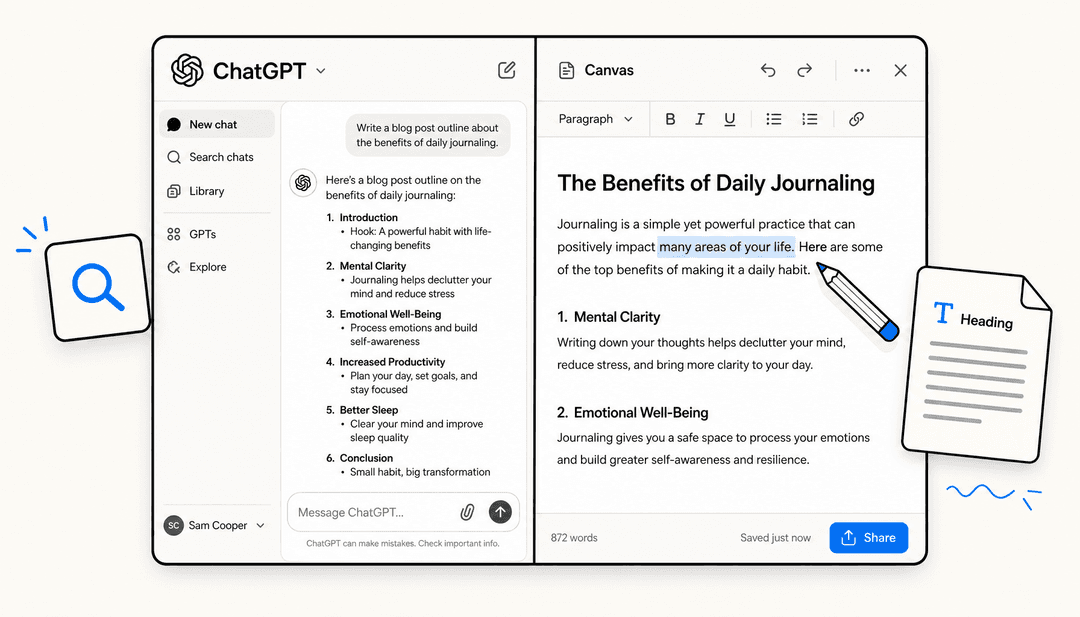 ブラウザで開いたChatGPTにCanvasモードのブログ記事下書きが表示され、ユーザーがインライン編集している様子