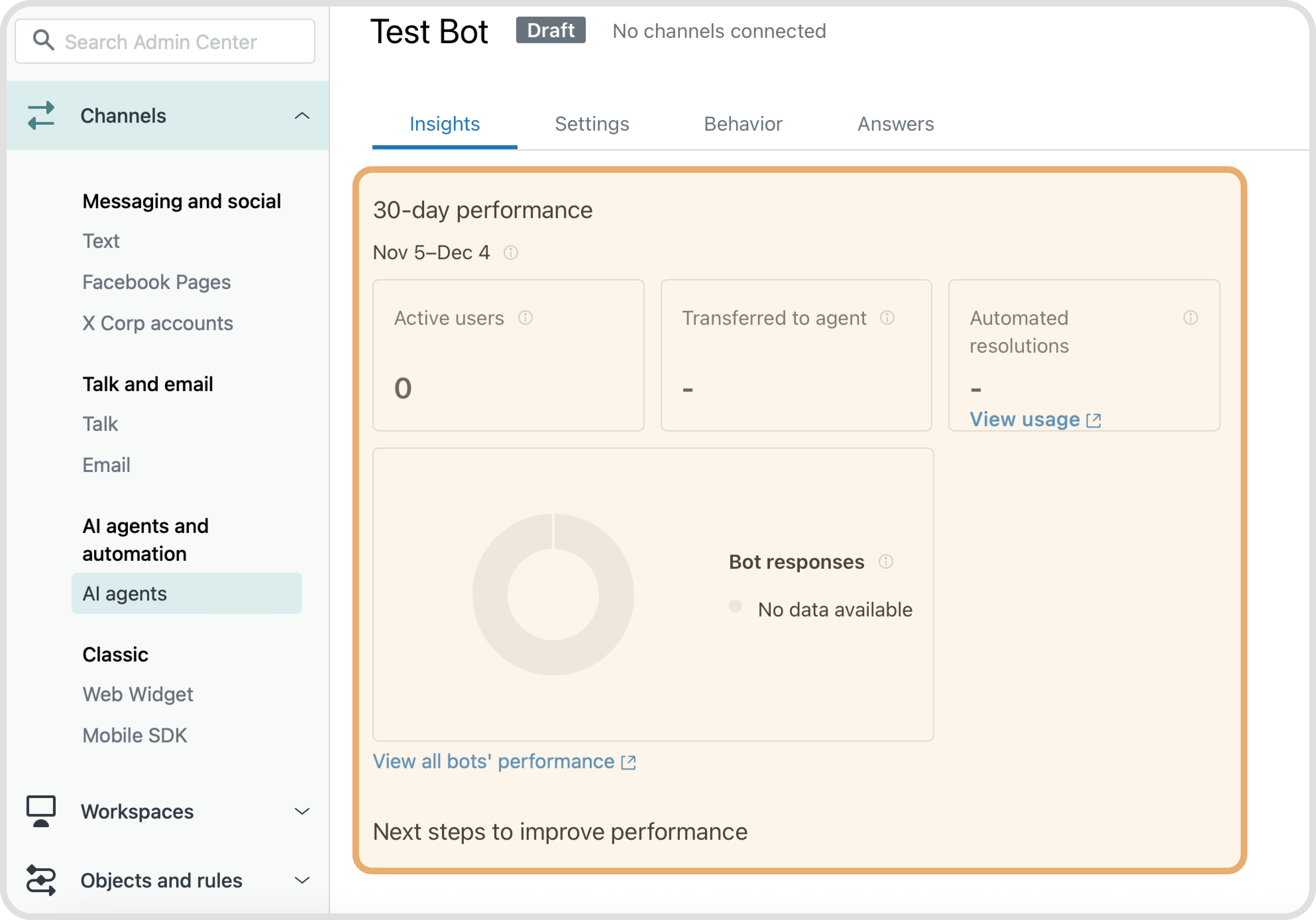 screenshot of the performance screen for zendesk bot