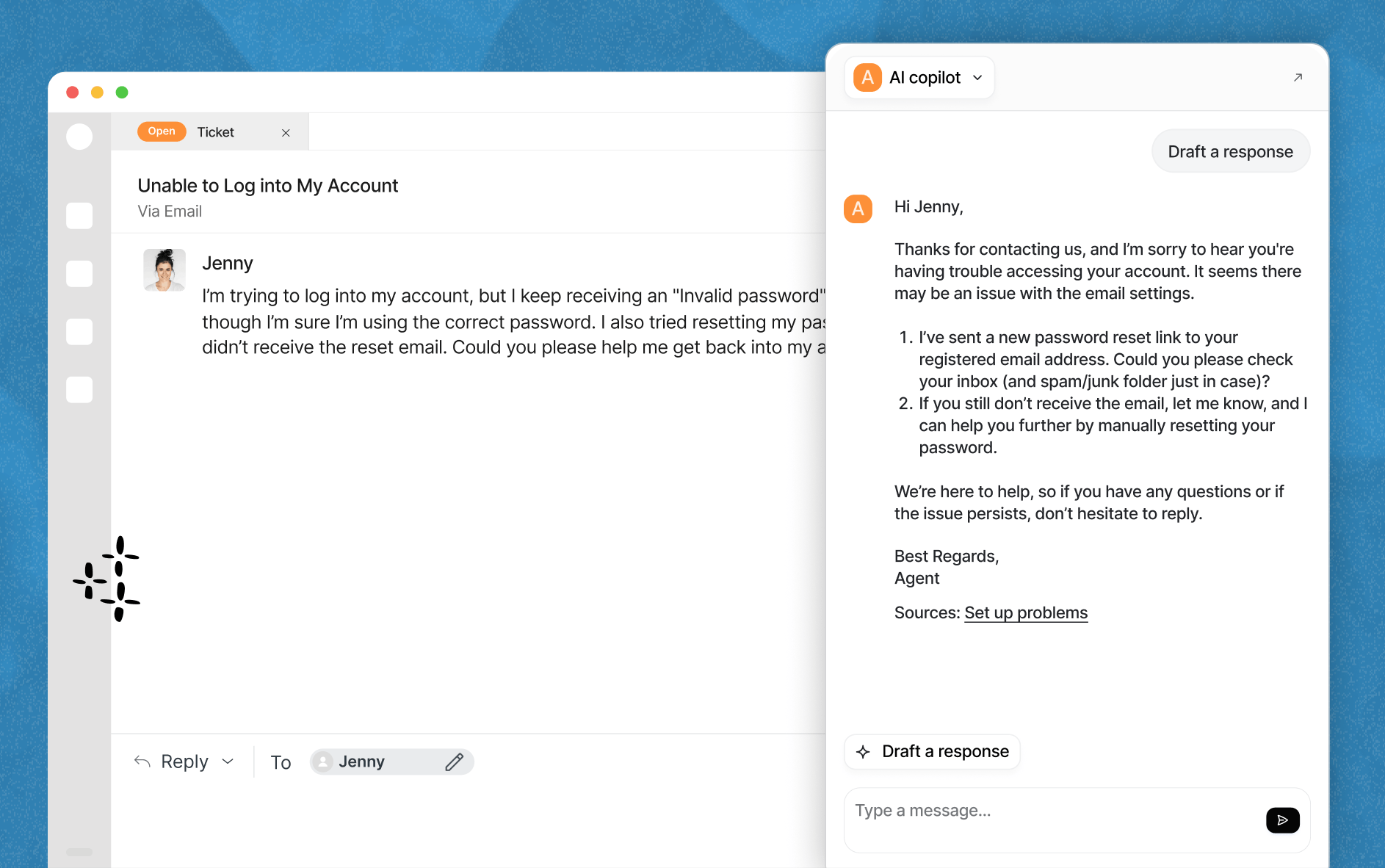 AI copilot helping draft support ticket reply