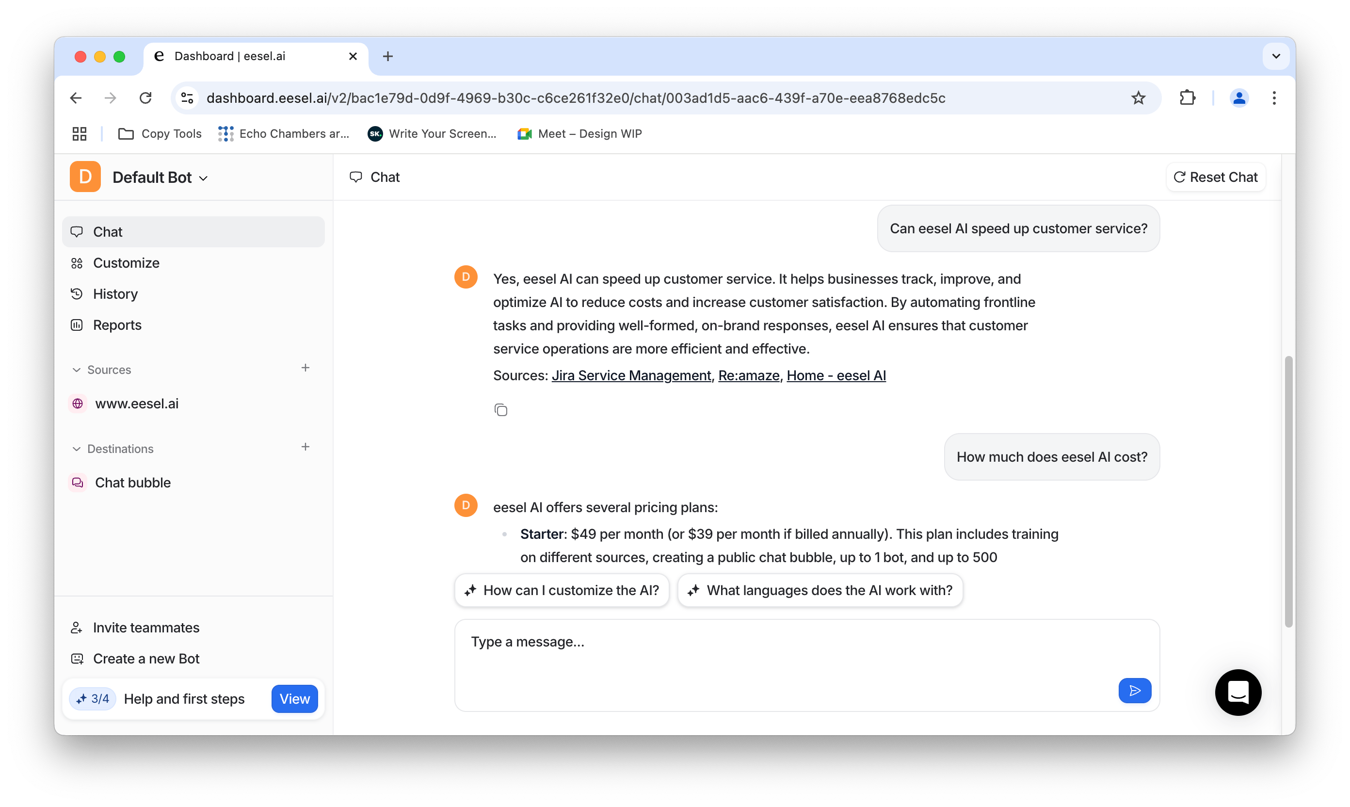 An image that shows questions typed into eesel AI to test your zendesk chatgpt integration