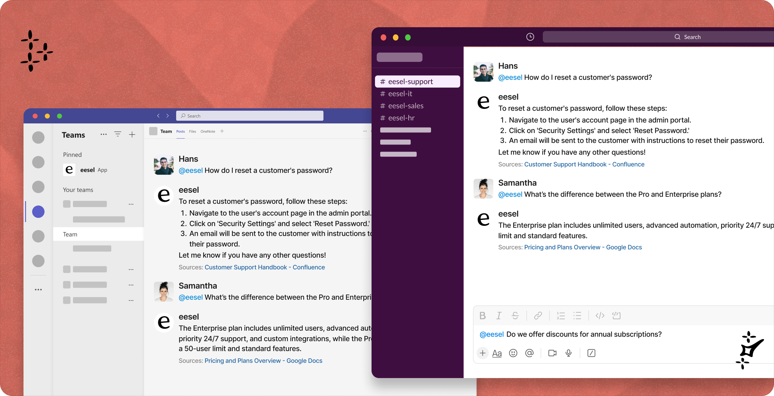 Slack and Teams internal eesel questions being answered