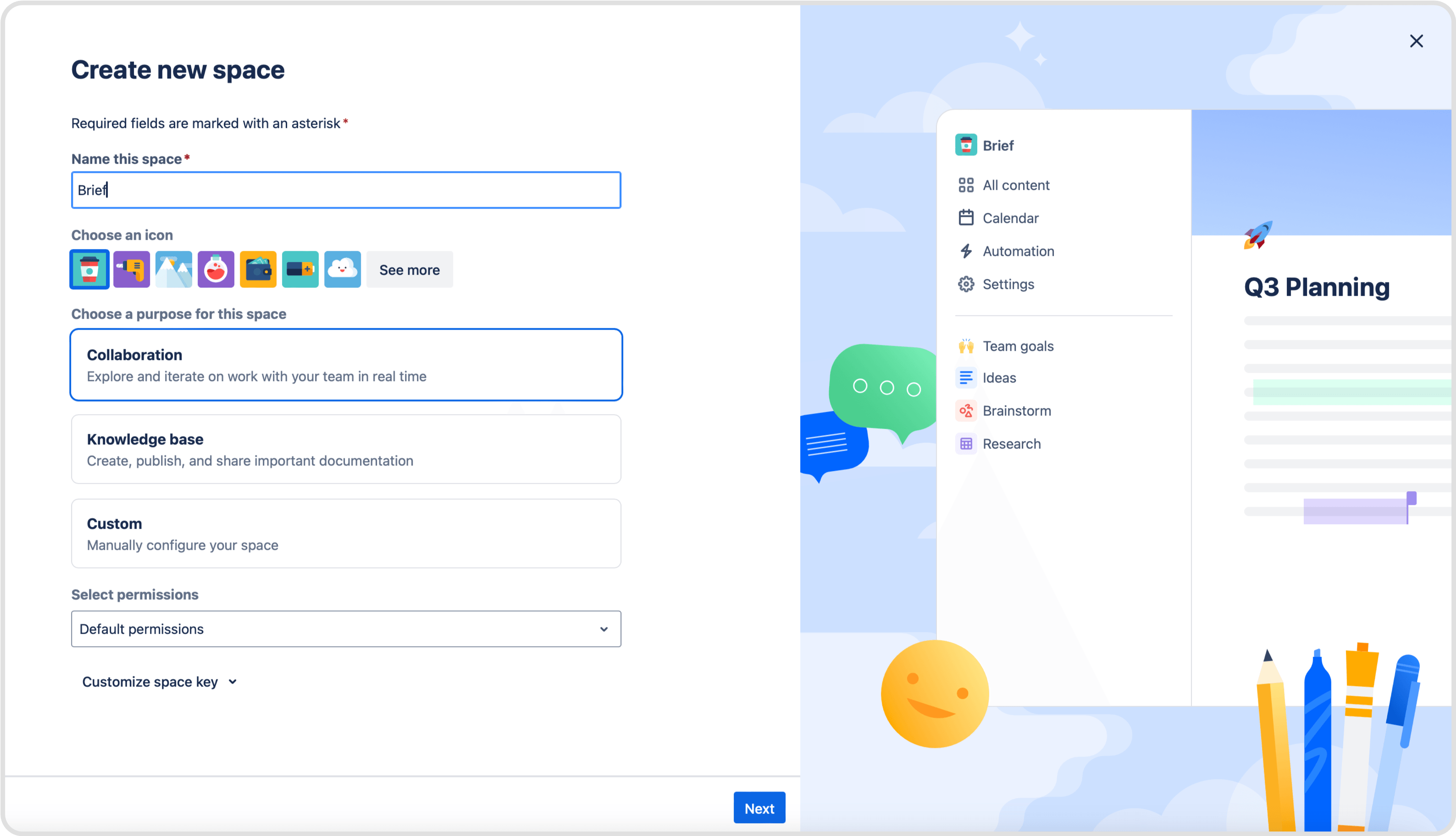 screenshot of the create new space screen in confluence