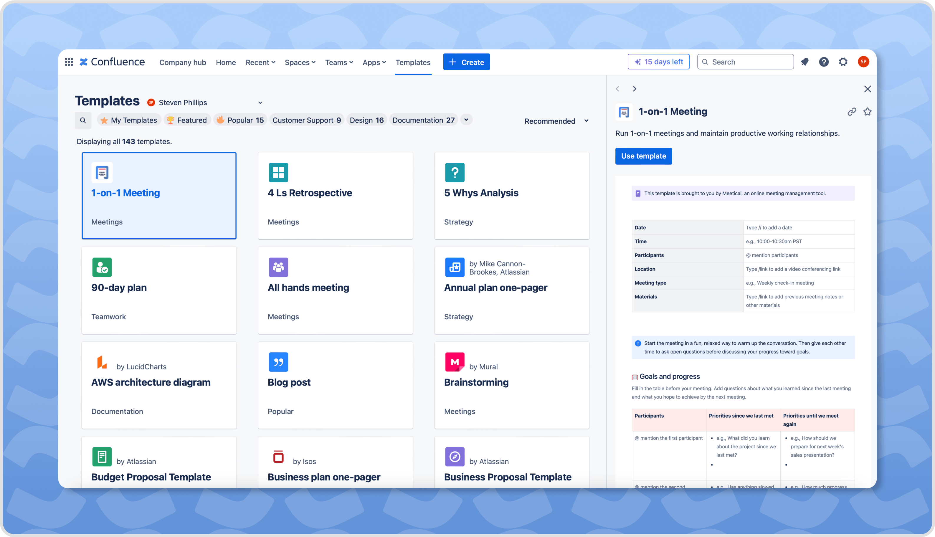 screenshot of the template screen inside confluence