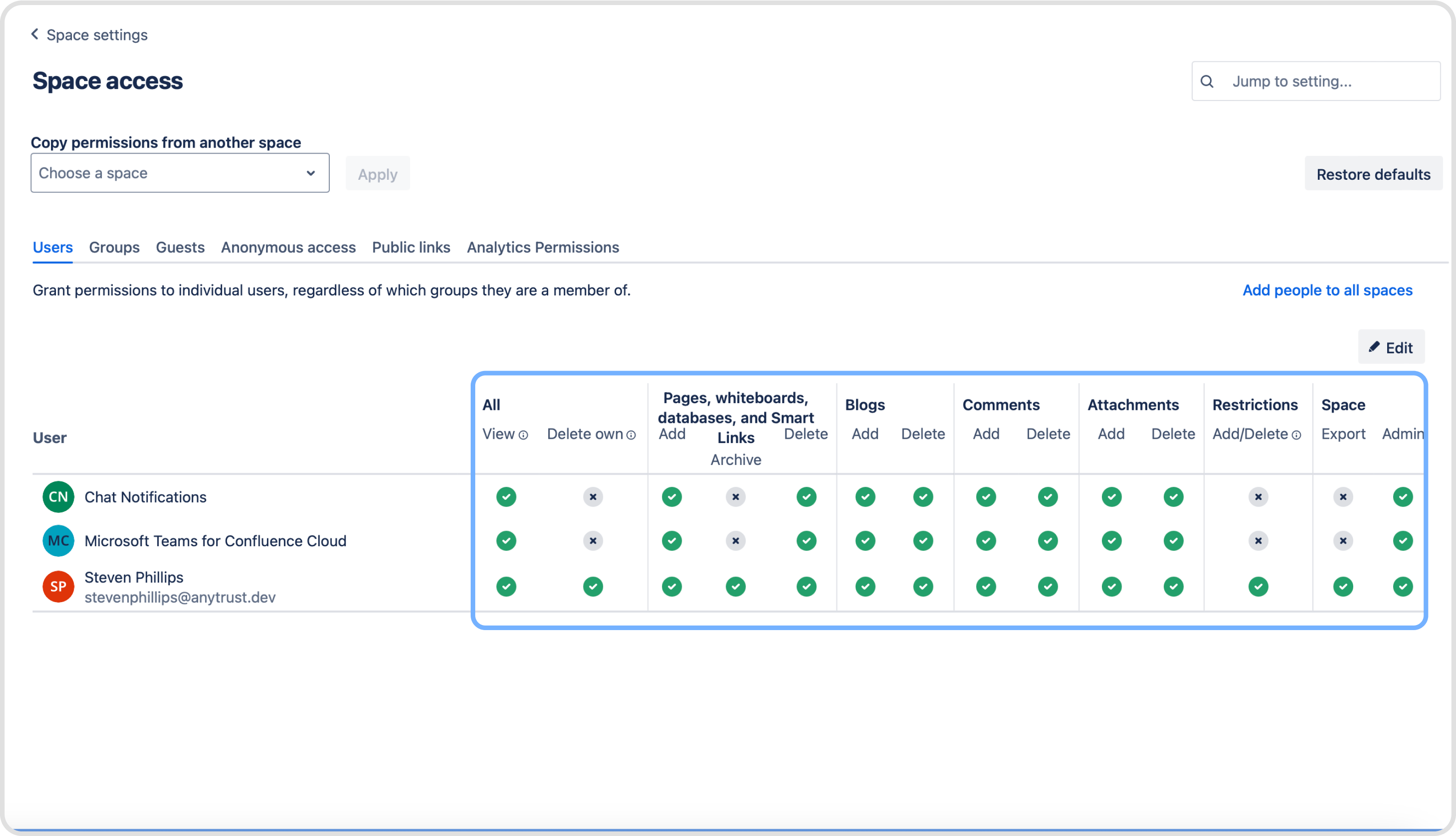 screenshot of space settings for Confluence