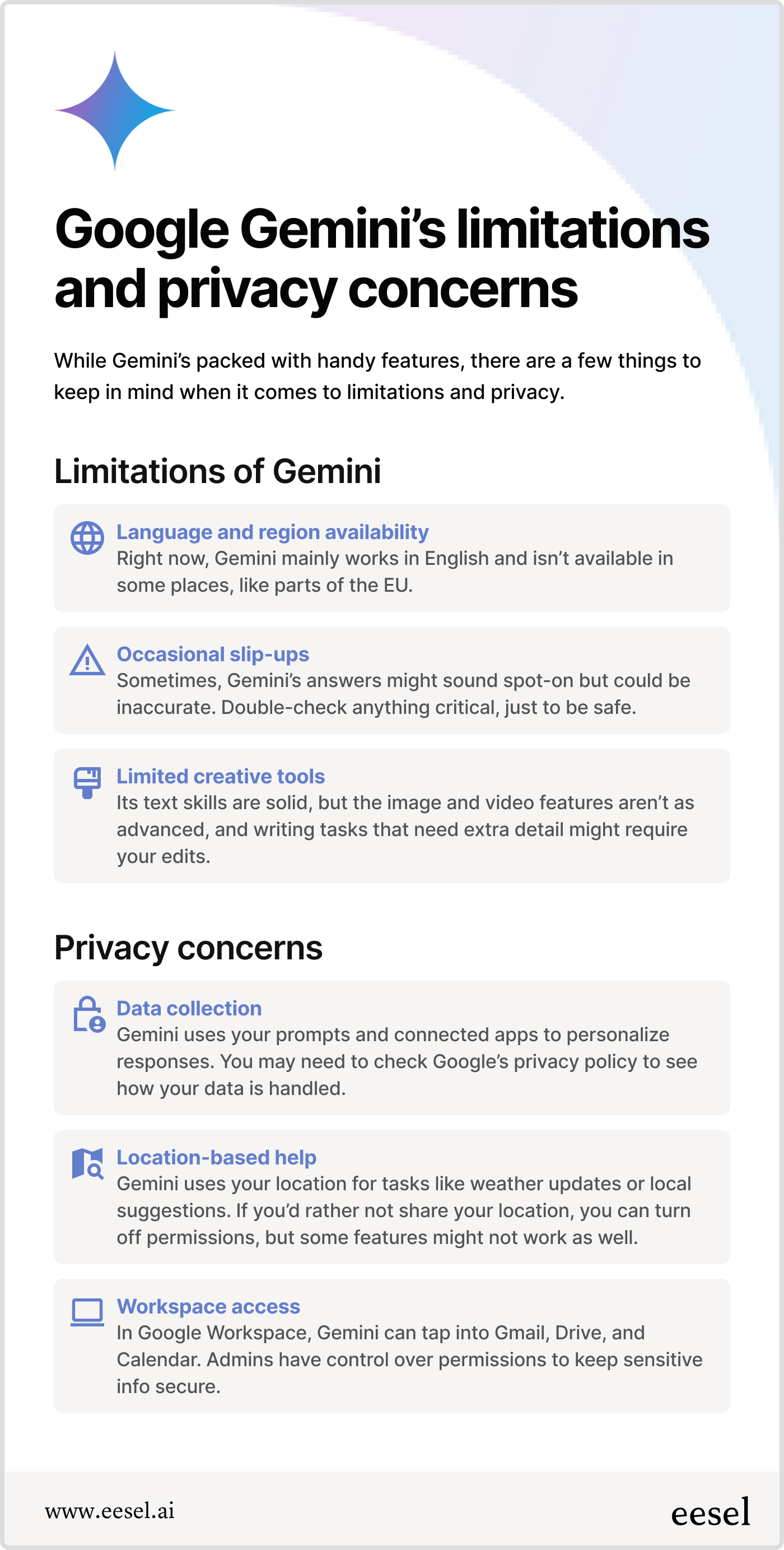 A table describing privacy concerns and limitatinos of enabling Google Gemini