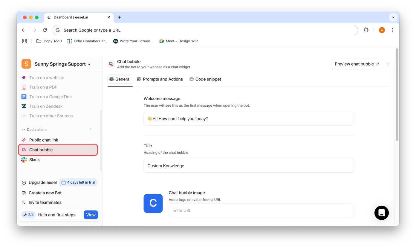 screenshot of chat bubble customization page eesel AI for zendesk