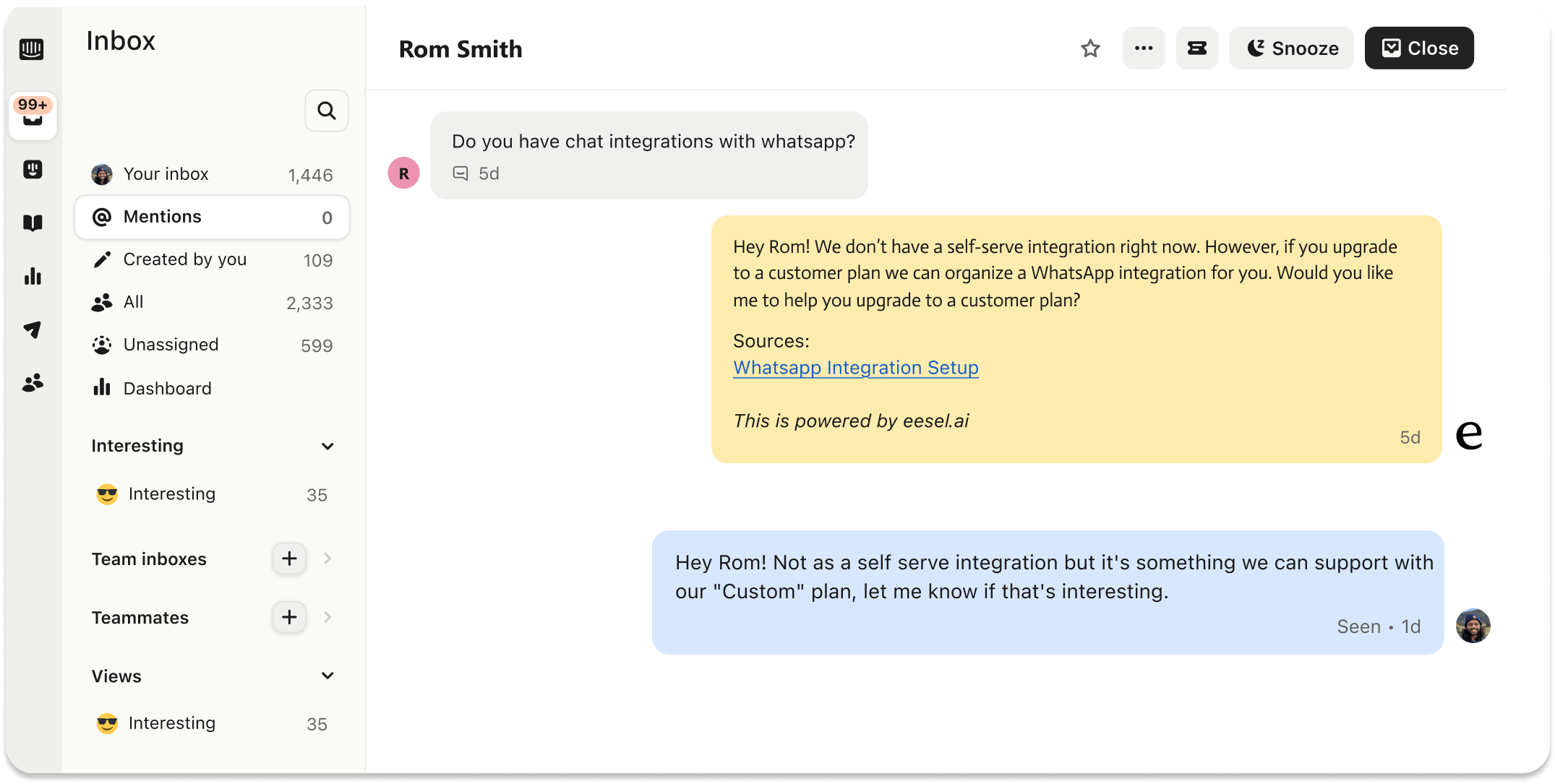 screenshot of intercom ai agent drafting a reply