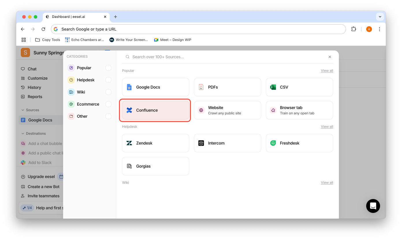 confluence selection in the source screen of the eesel ai dashboard, for confluence