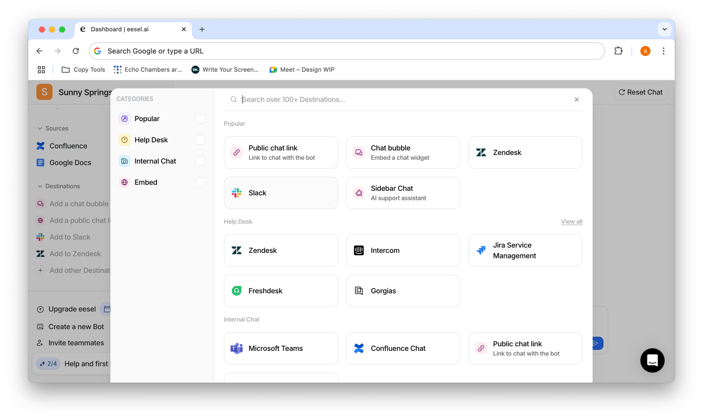 screenshot of eesel ai dashboard with slack source open