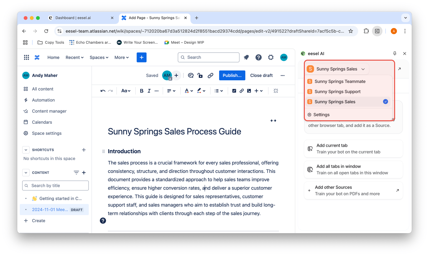 confluence page open, selecting the right ai bot in the eesel extension