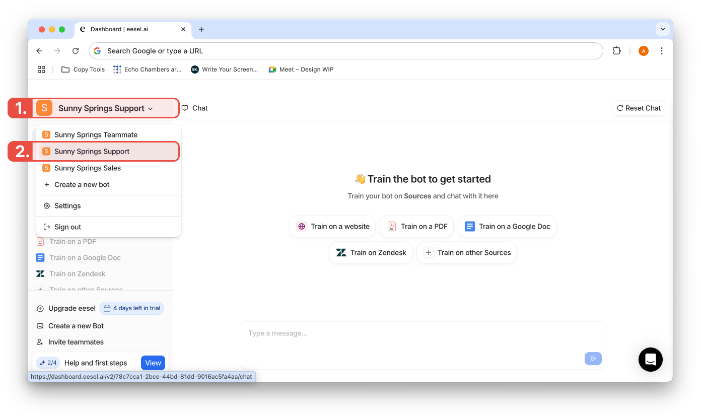 Image highlighting the correct bot to select in eesel AI dashboard for Zendesk