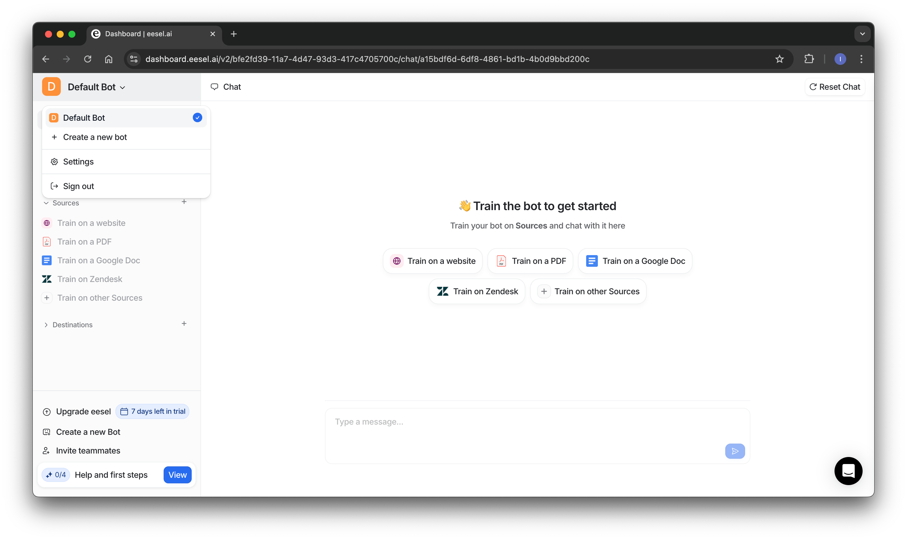 screenshot of dashboard selecting chatbot