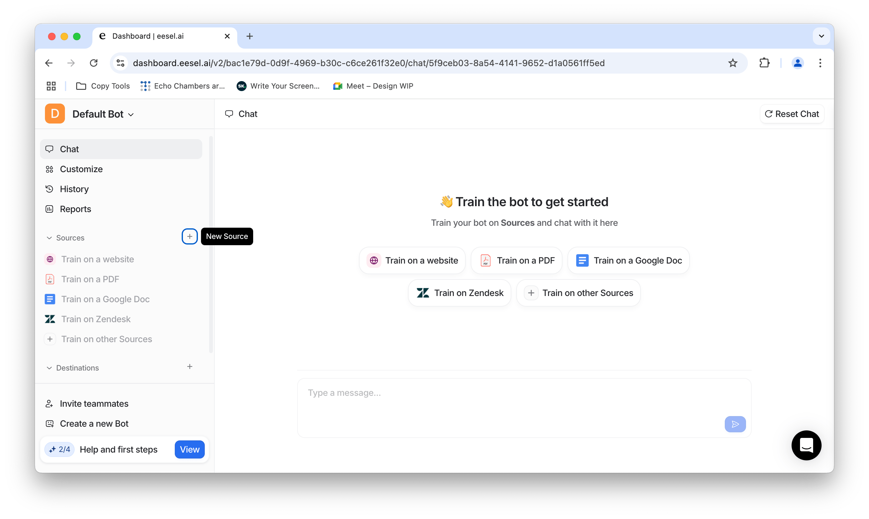 screenshot of the eesel AI dashboard to add sources to your ai assistant