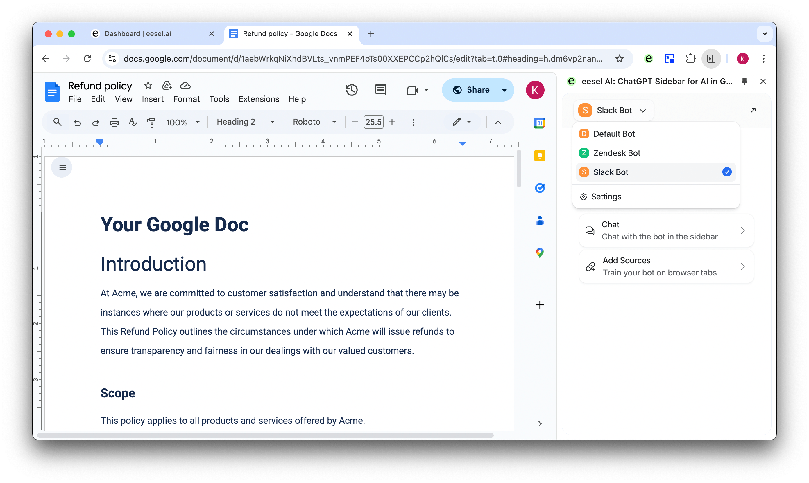 Dropdown menu to select an AI bot for google docs