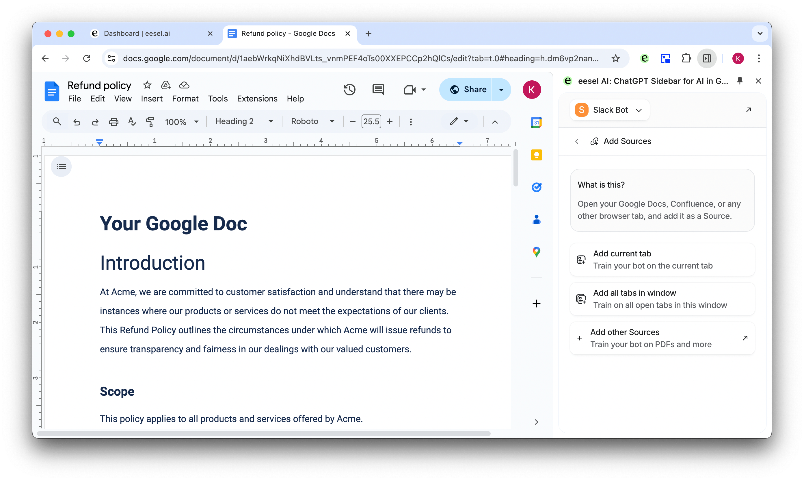 Tab for adding sources like google docs to your bot