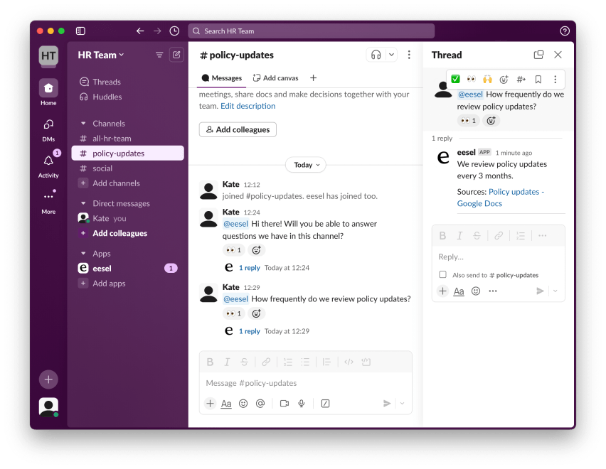 screenshot of slack app with google docs bot added