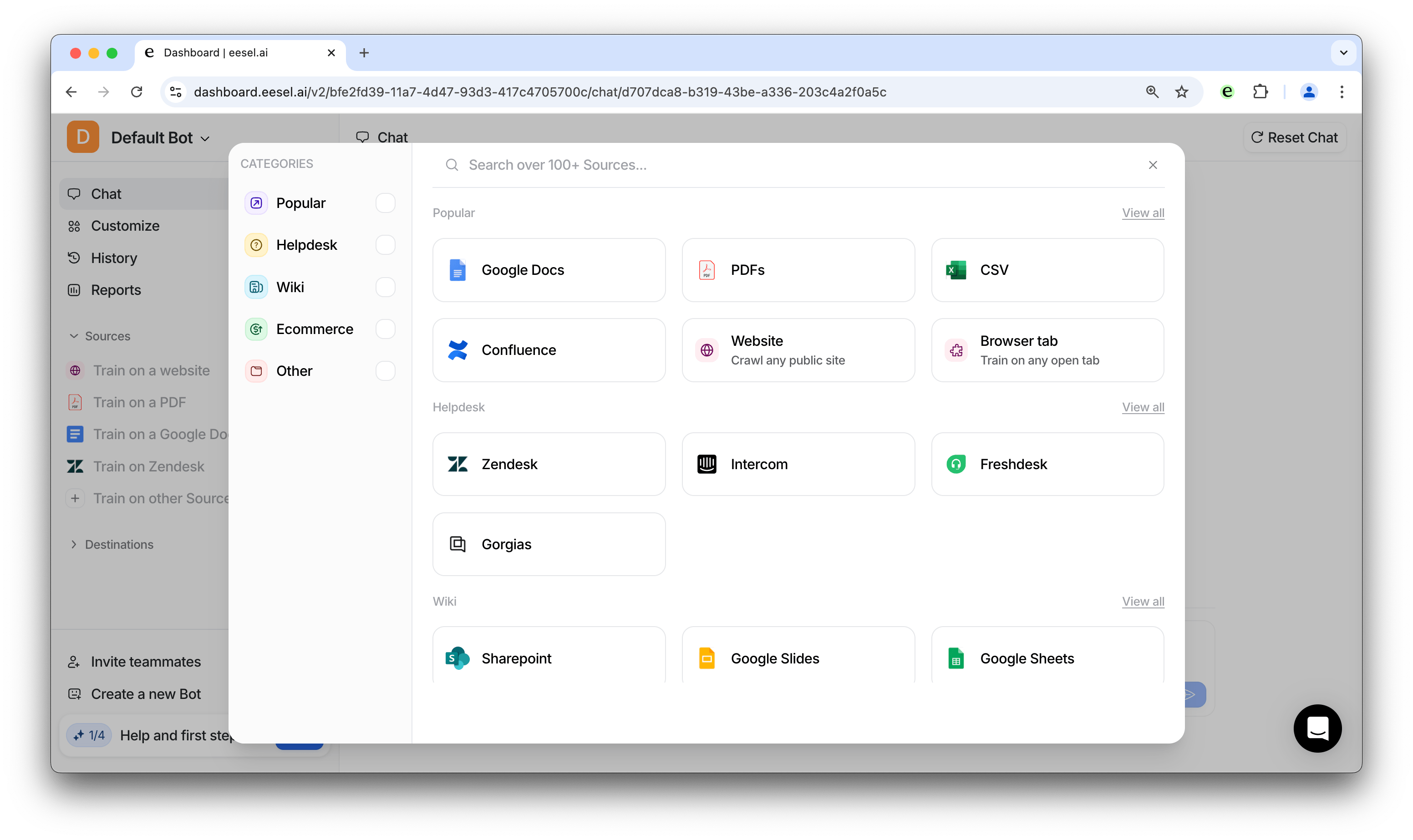 screenshot of selecting the sources for the intercom ai agent