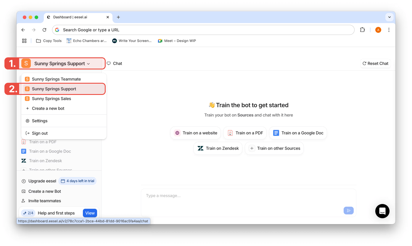 showcase of eesel AI feature to choose multiple bots