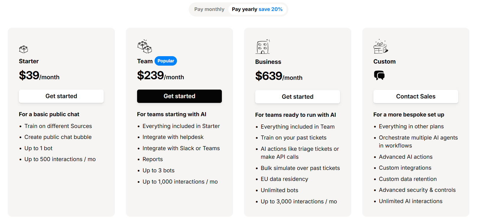 screenshot of the eesel AI pricing page for features