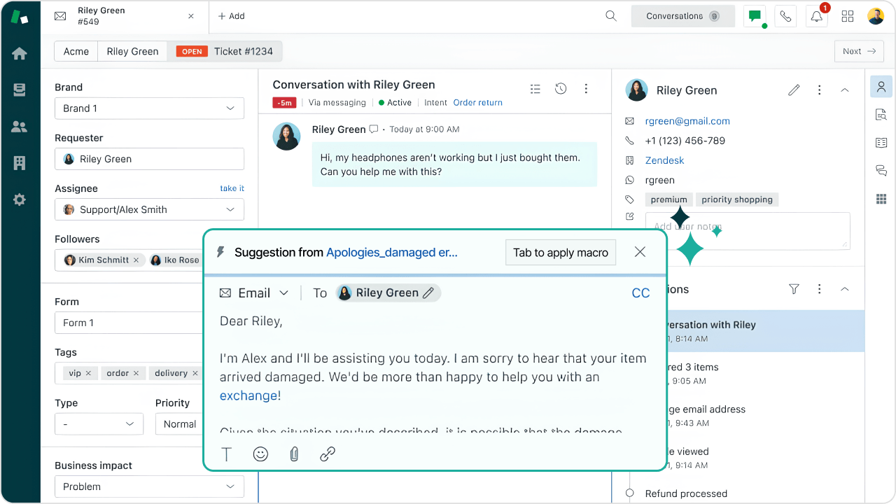 A screenshot of the Zendesk AI dashboard highlighting an AI written response