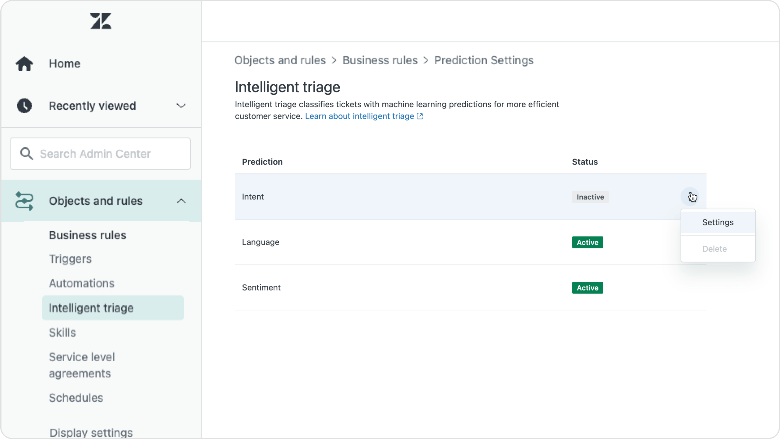 screenshot of Zendesk AI intelligent triage