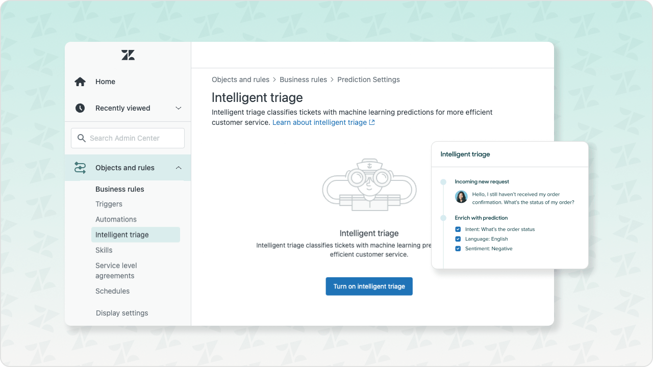 Advanced AI intelligent triage settings in Zendesk dashboard