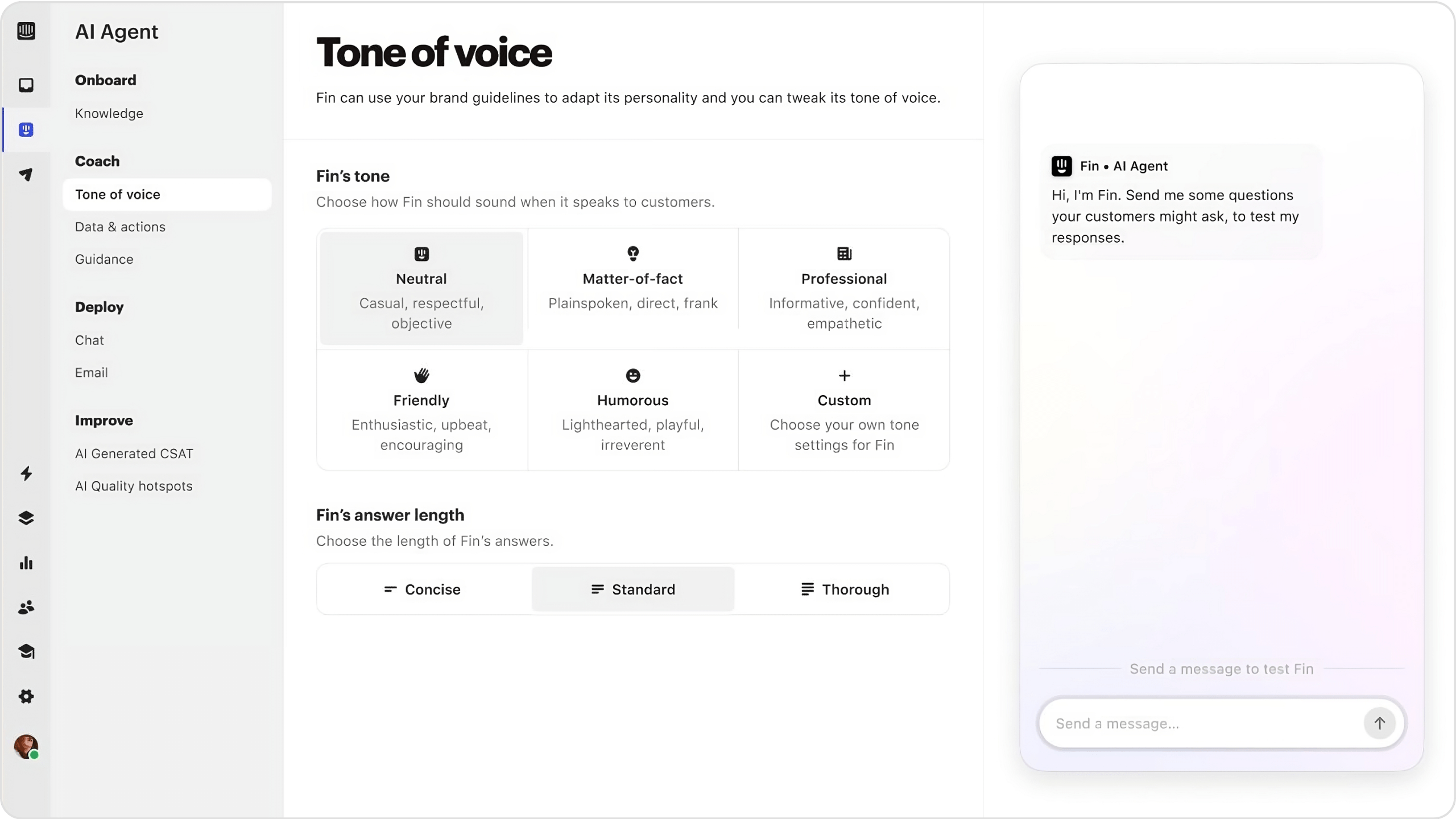 screenshot of intercom fin's tone of voice