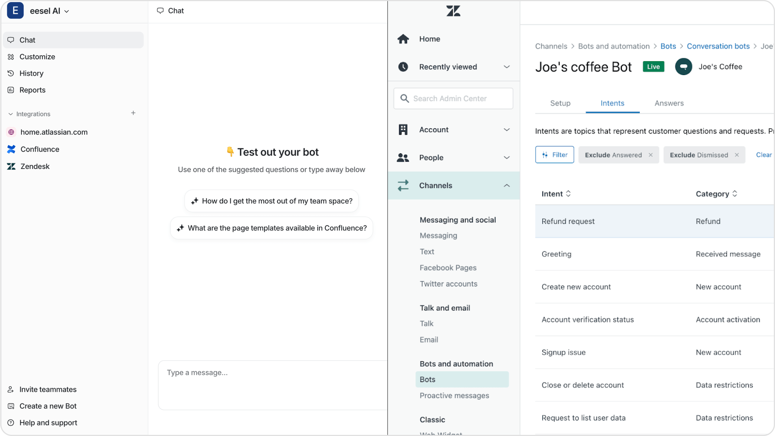 screenshot side by side of the zendesk and eesel AI dashboards