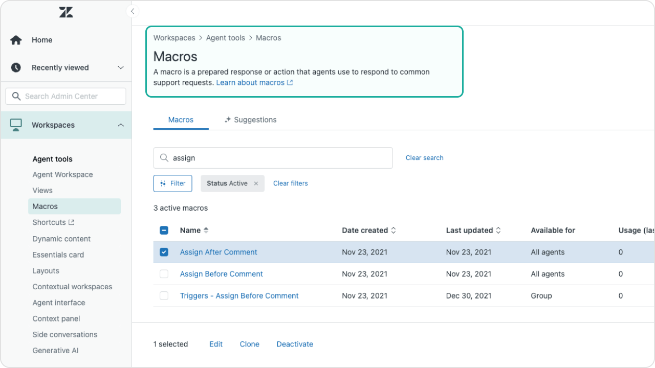 AI agents suggesting macros in Zendesk