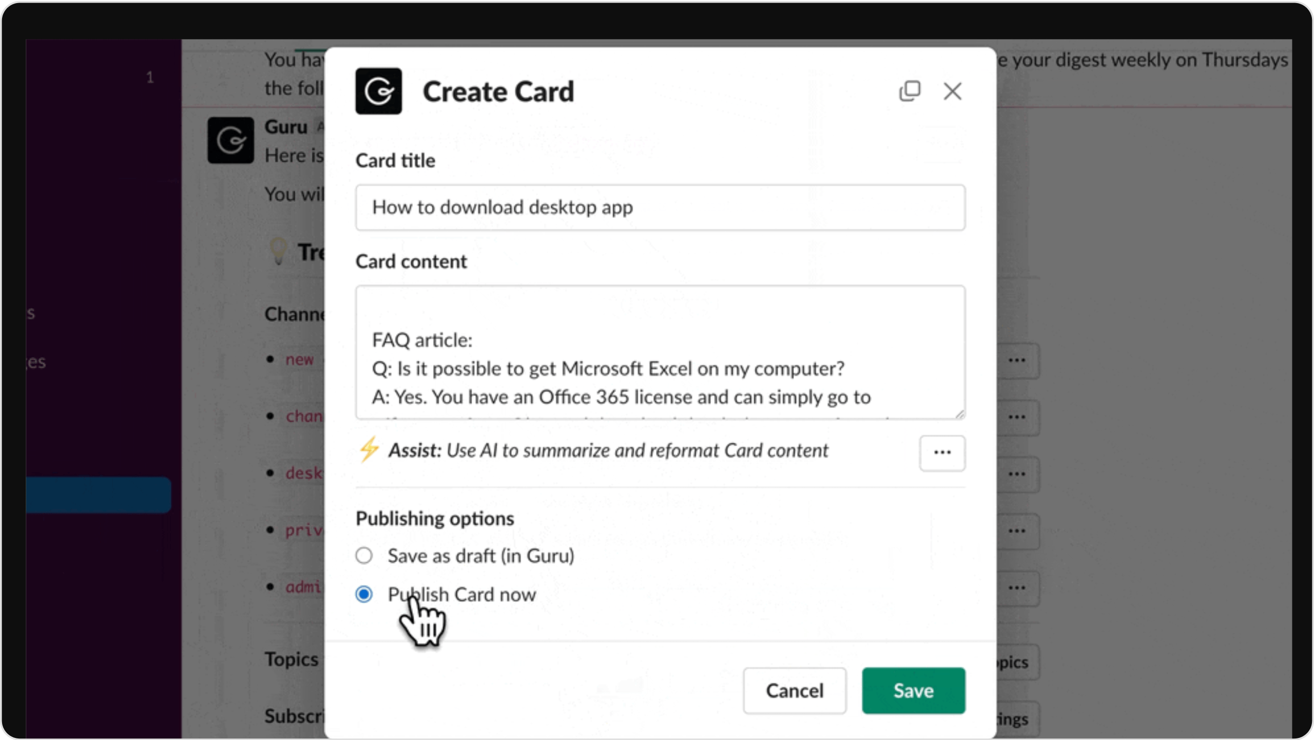 Gugur Ai screenshot of their card feature for customer support