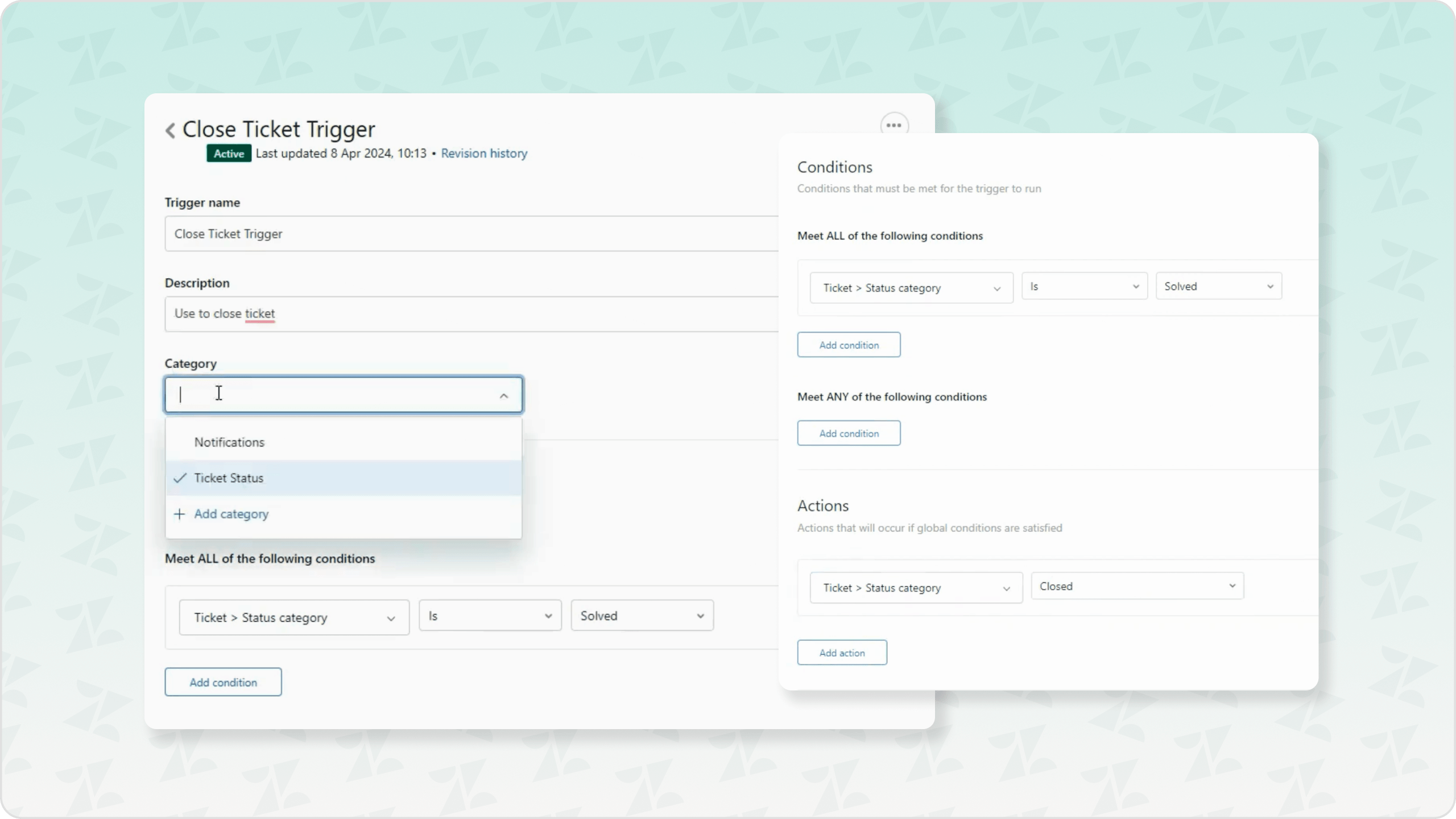 Zendesk settings to configure triggers for AI