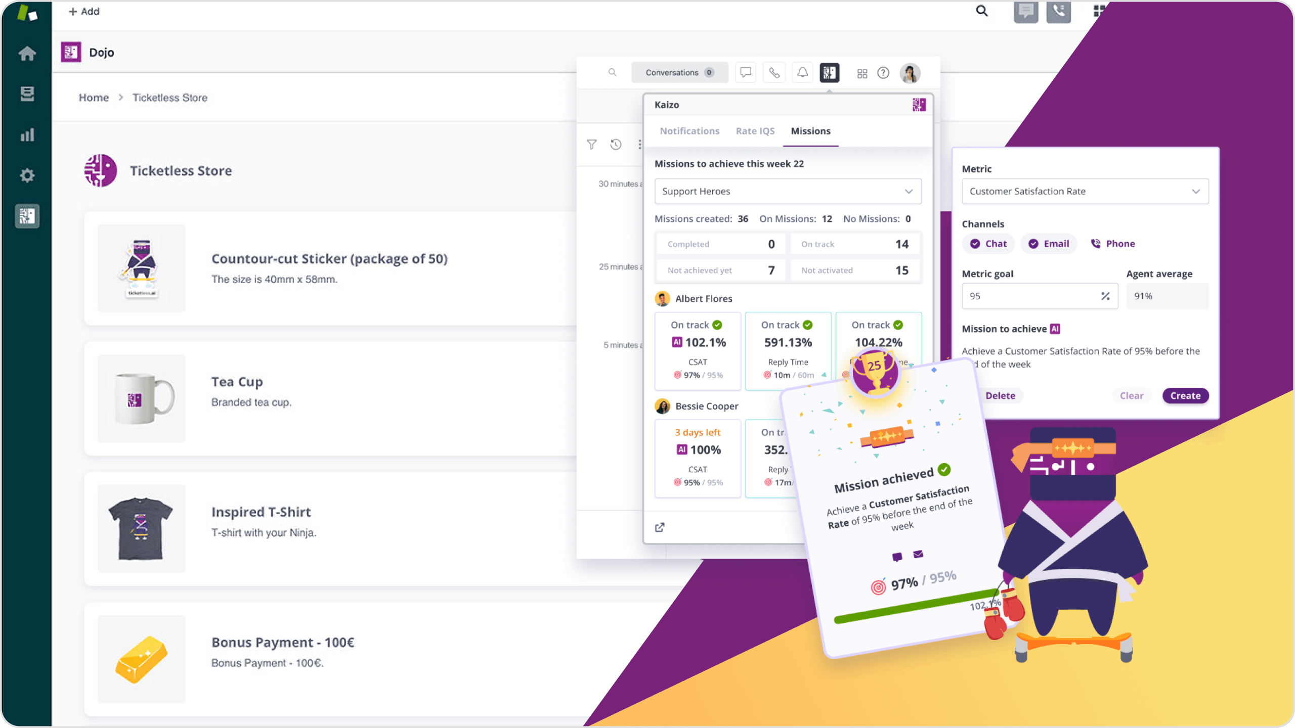 screenshots of the Kaizo plugin for Zendesk