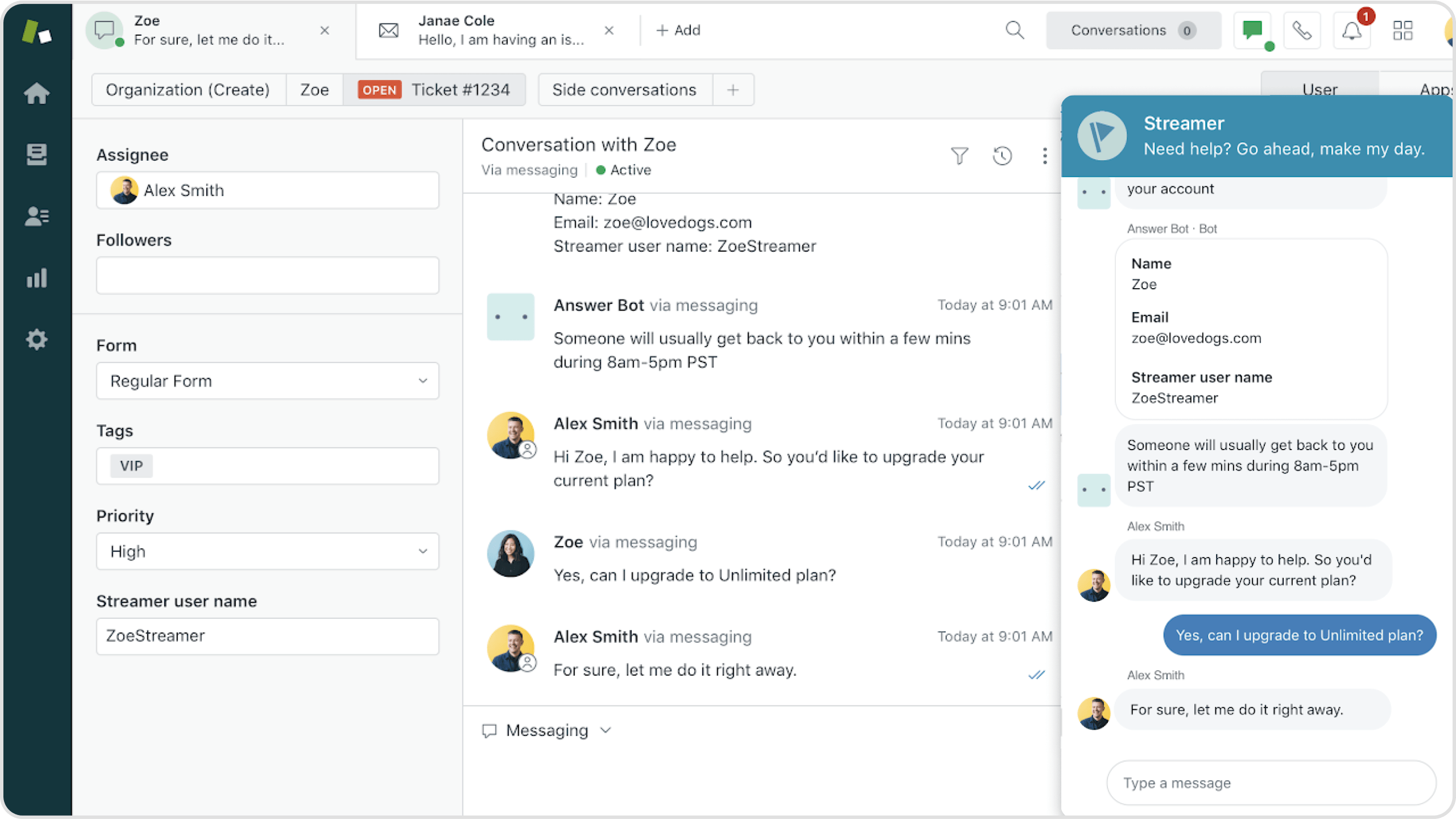 The Zendesk chatbot helping to answer customer questions, before escalating to an agent. This is happening in a chat bubble, but it's also being recorded in the middle screen of Zendesk.