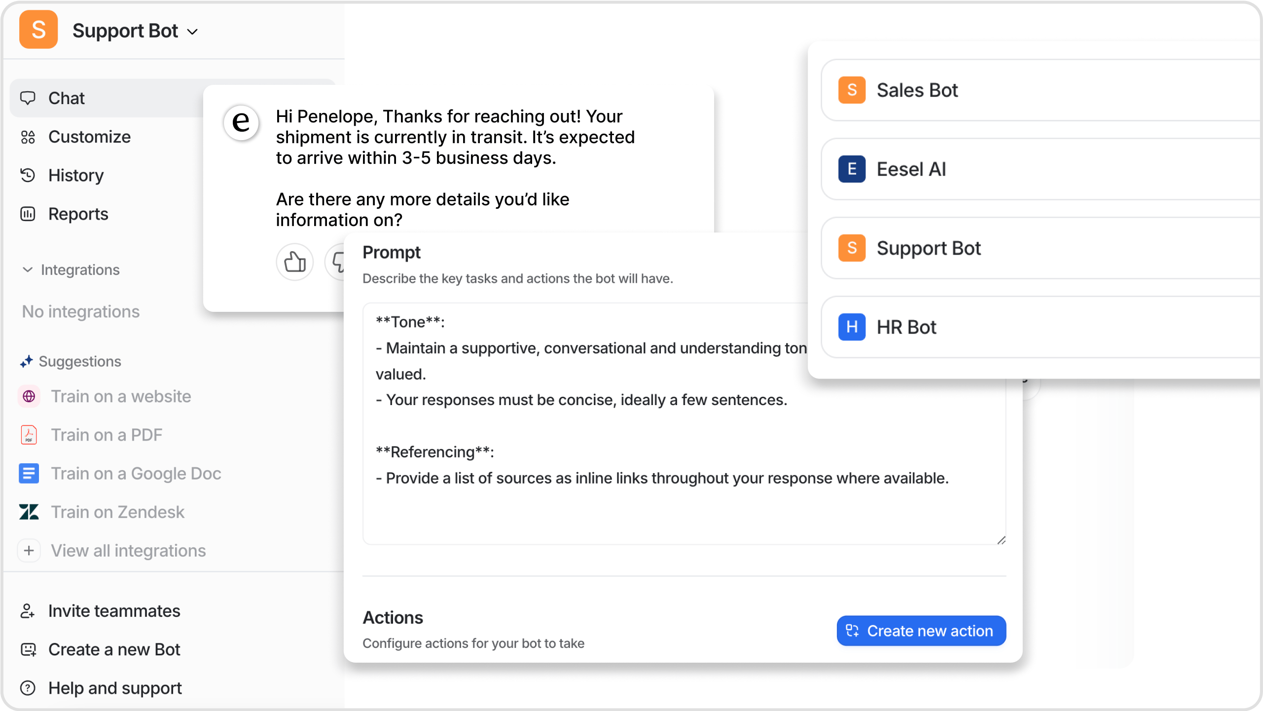 A screenshot of eesel AI customization and actions like escalation & being able to provide order tracking information - multiple bots (HR bot, Sales bot, etc)