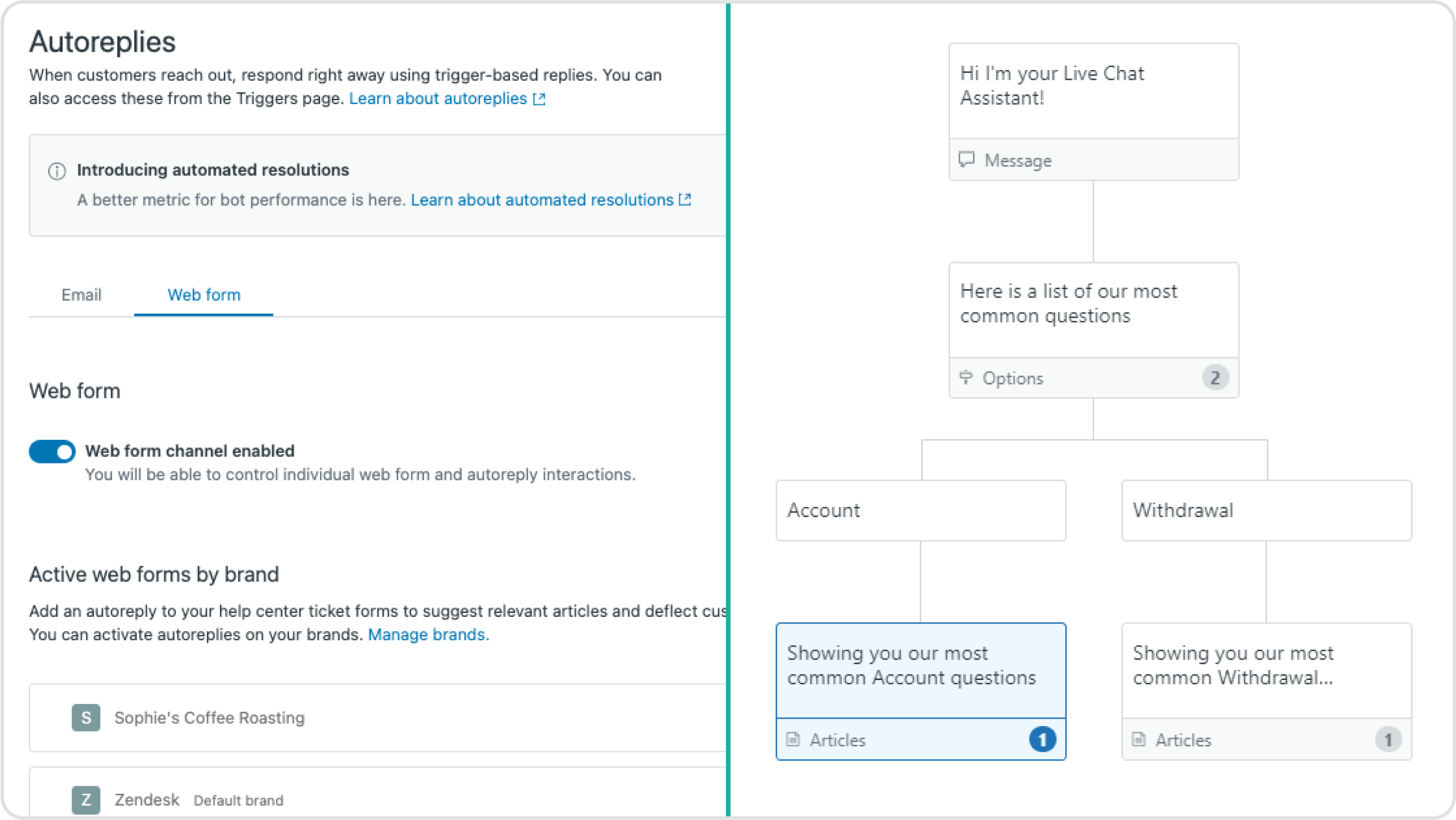 On the left is a screenshot of the autoreplies interface while on the right is a screenshot of the answer bot flow chart interface.