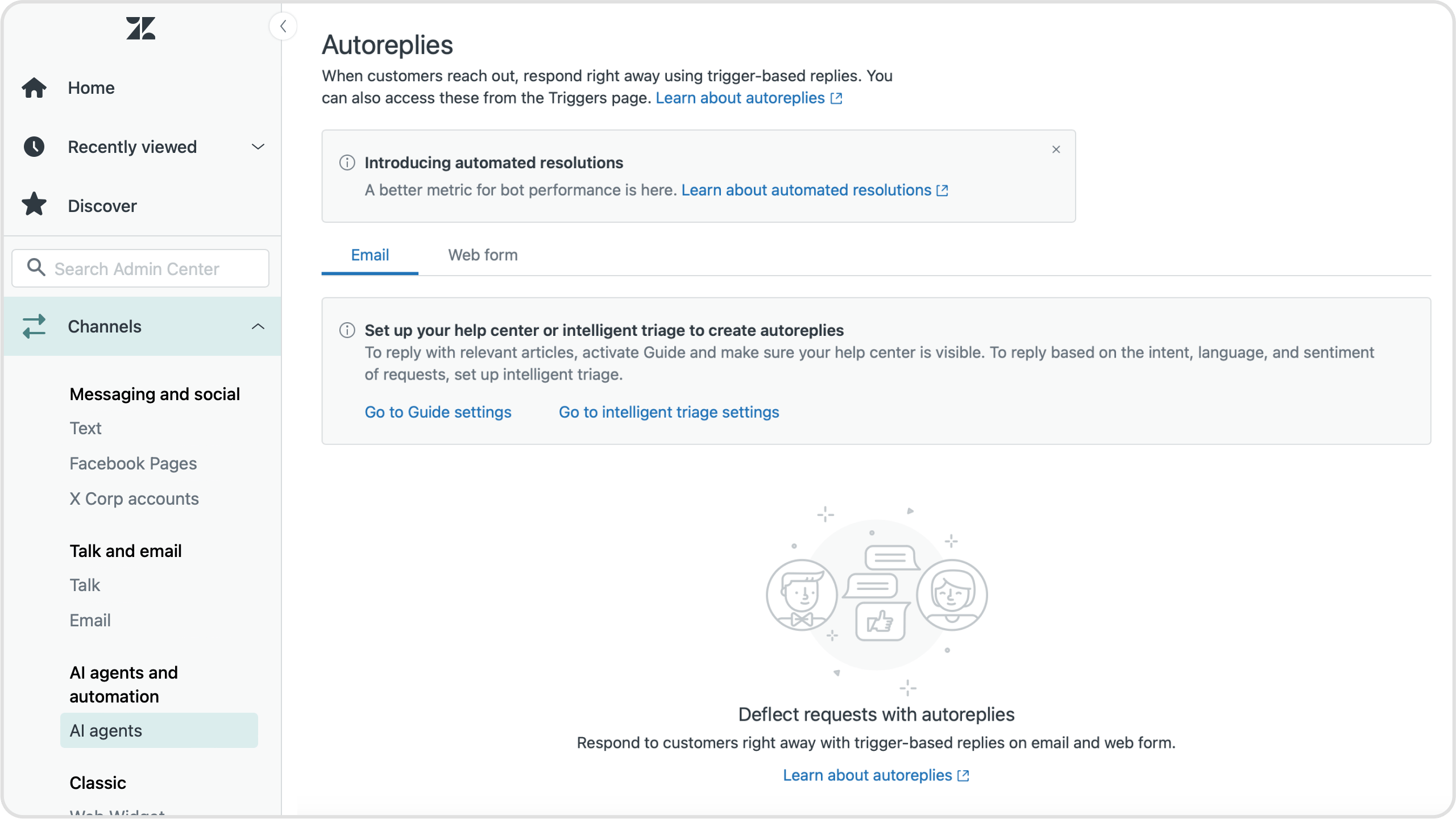 Screenshot of Zendesk's AI agents and automation settings page, specifically the email settings.