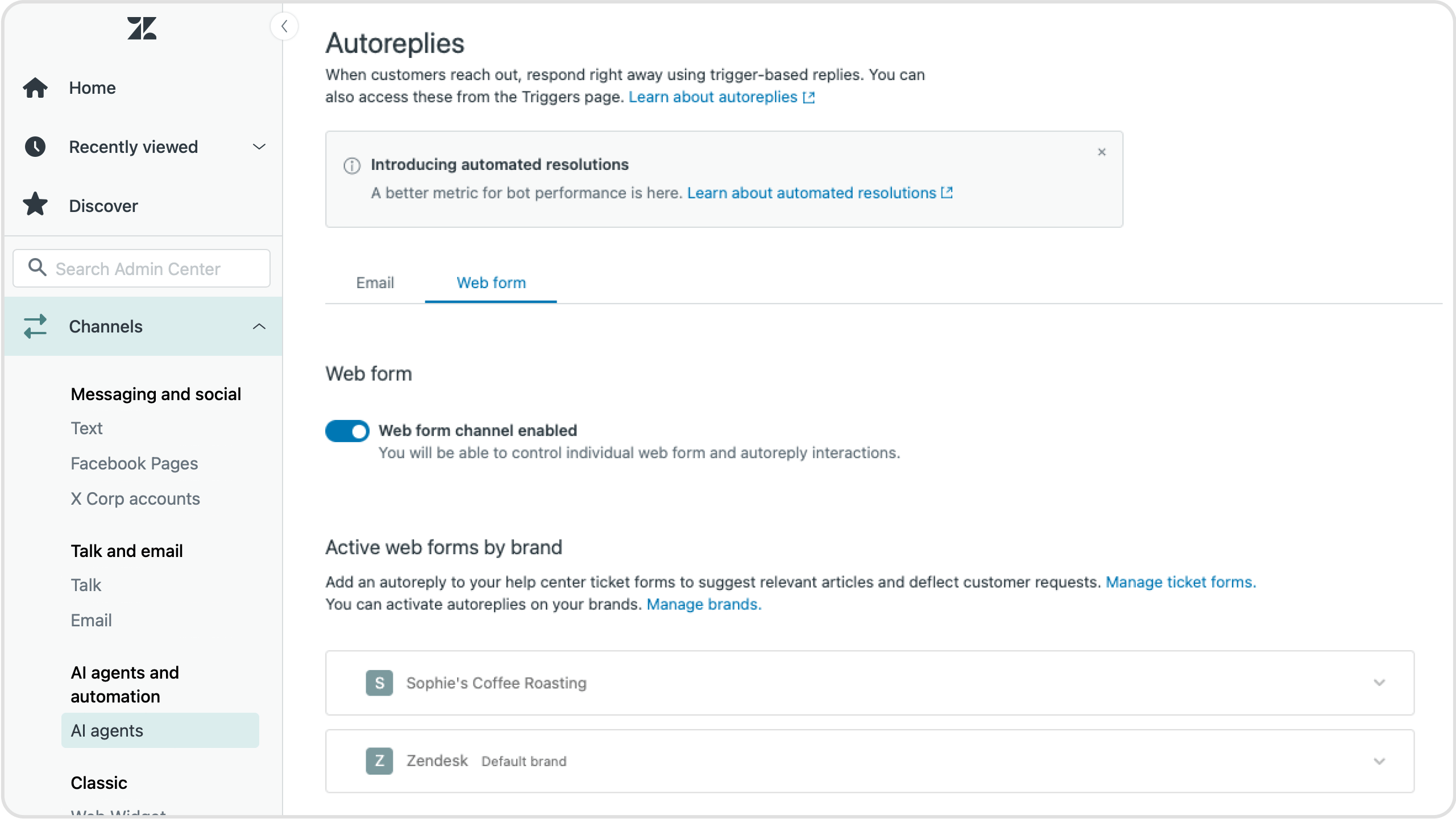 A screenshot of the web form configuration page with different settings and active web forms by brand.