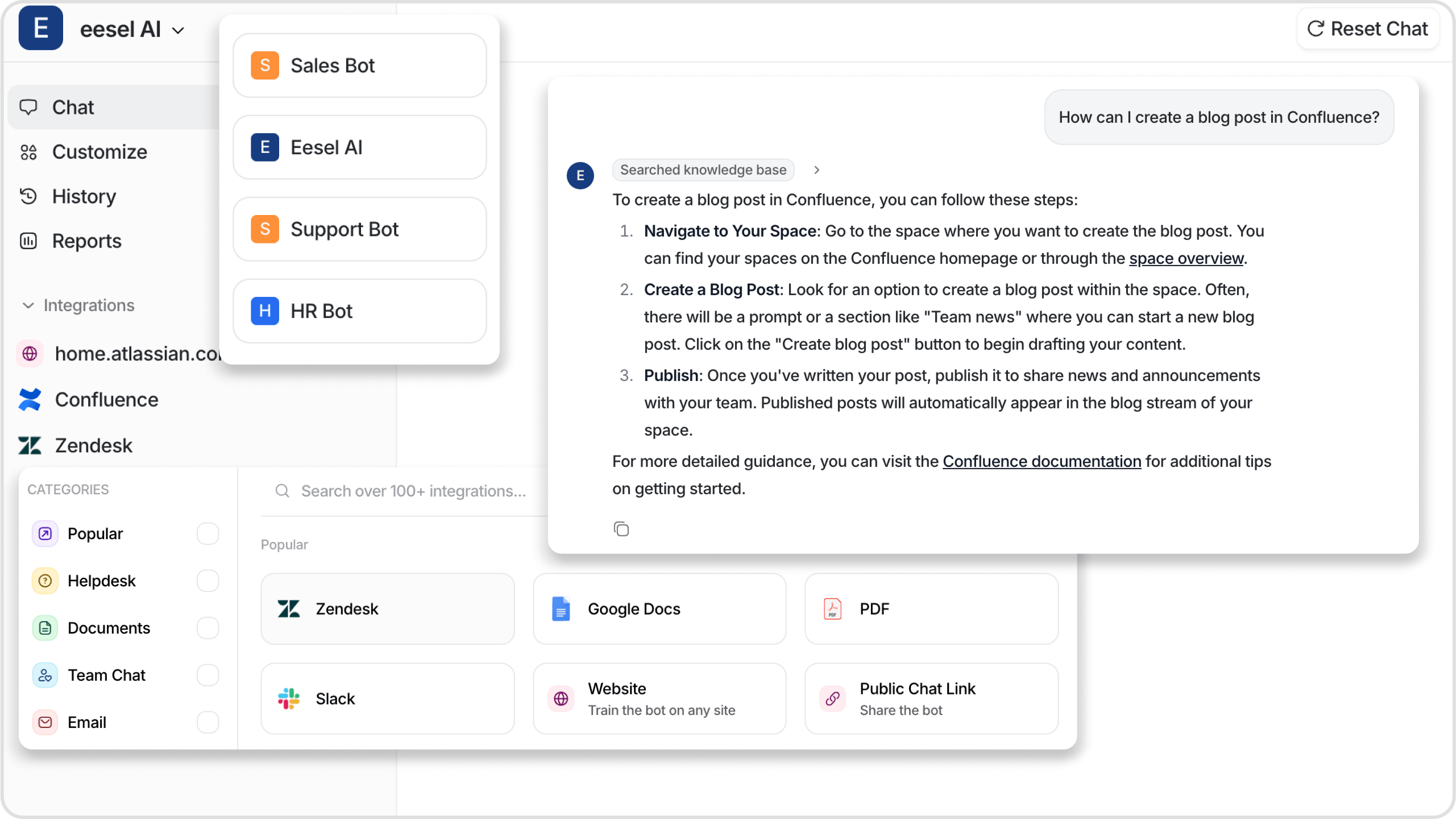 A screenshot of eesel AI's dashboard with edited boxes displaying multiple bot options, an example of an AI replying to a question, and the integrations page showing off a couple of integrations.