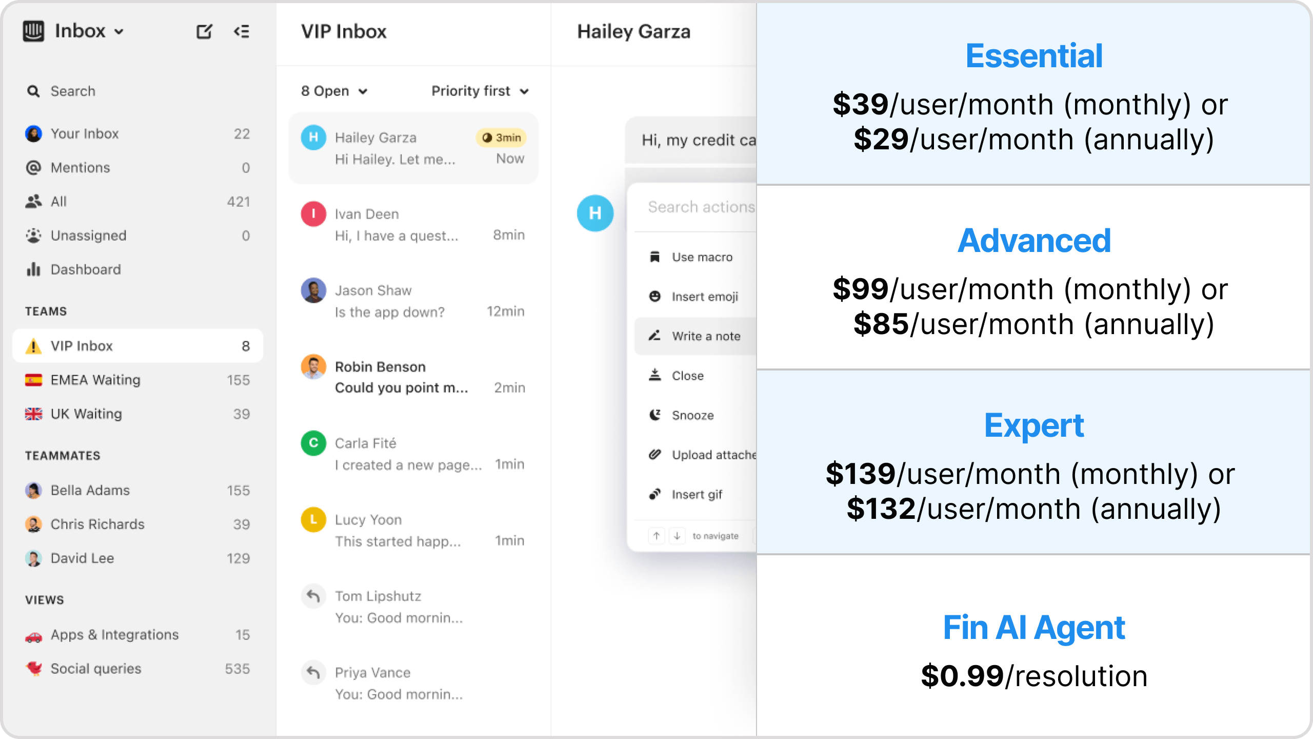 intercom and fin Ai pricing and dashboard info