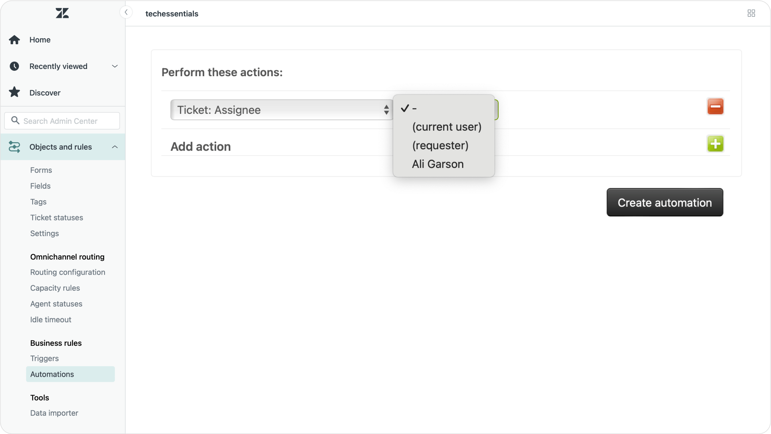 A screenshot of the Zendesk automations interface focusing on setting actions