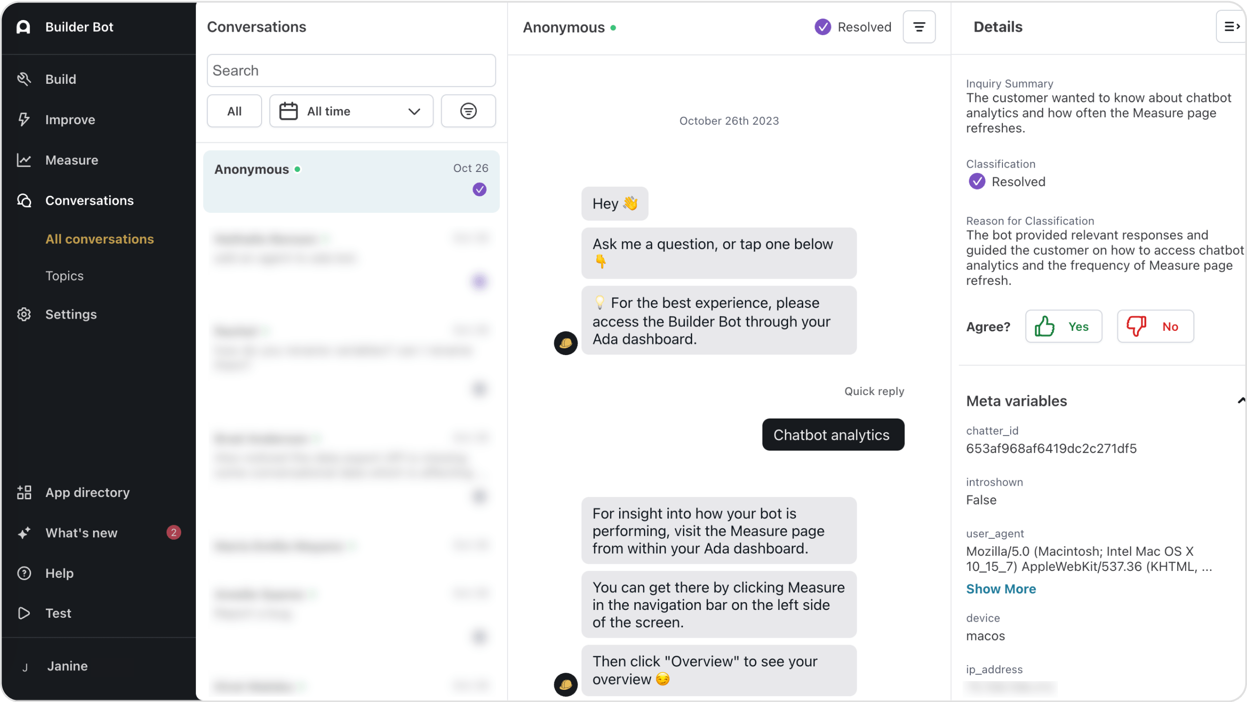 A screenshot of Ada CX chatbot resolving customer queries.