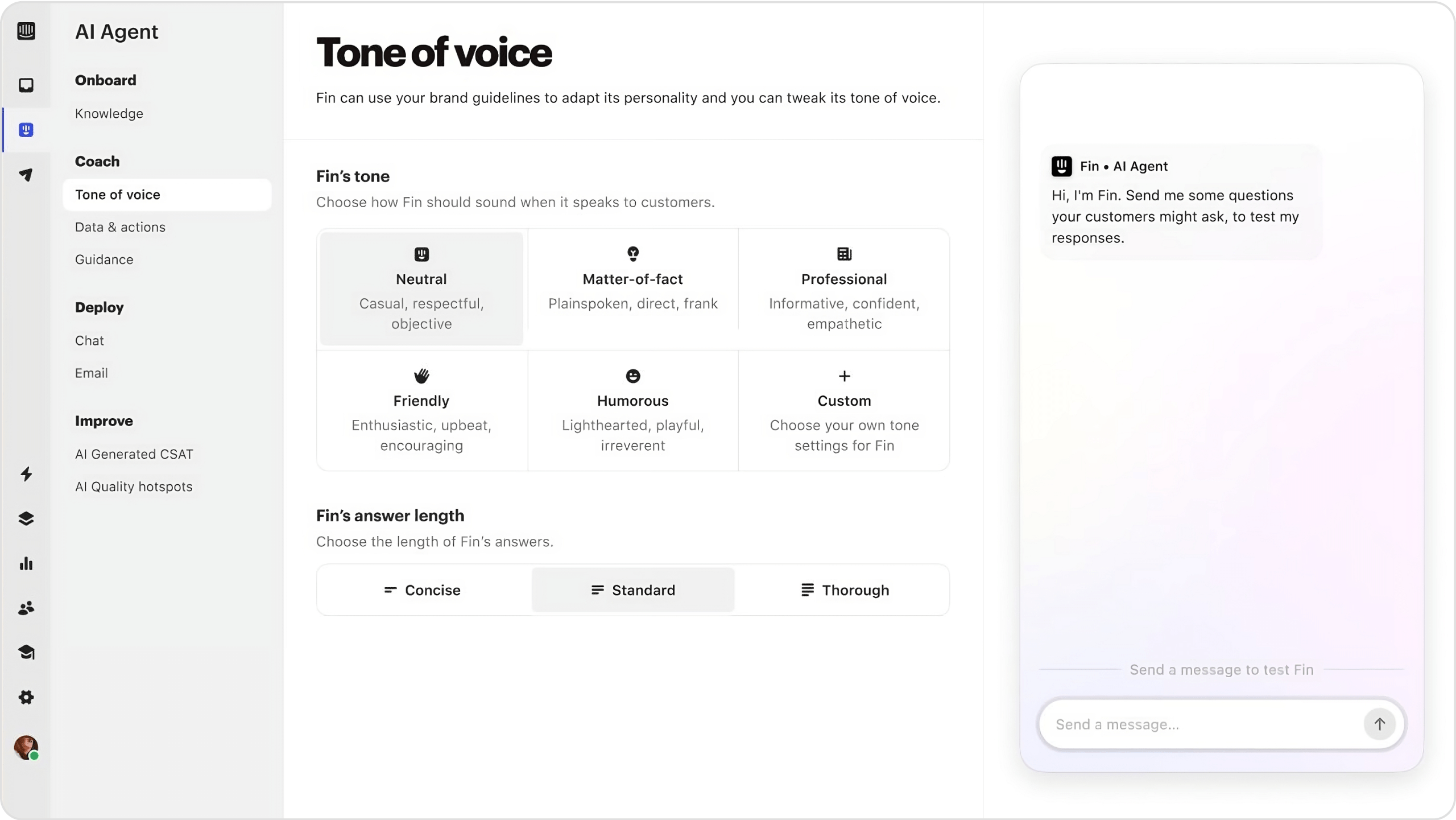 A screenhot of Intercom's Fin AI agents customization options which includes tone and answer length.