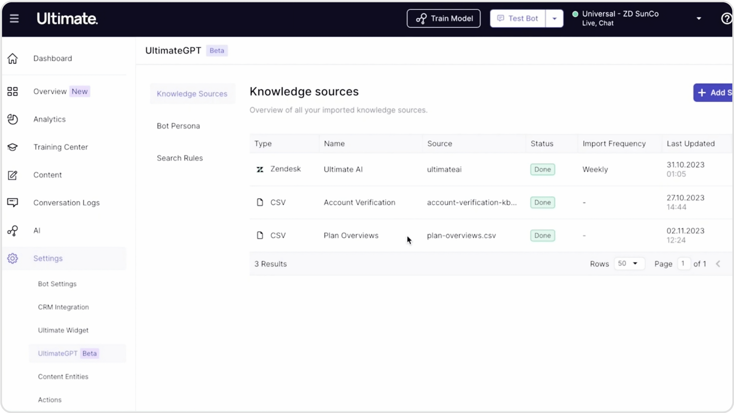 A screenshot of Ultimate AI's knowledge sources.