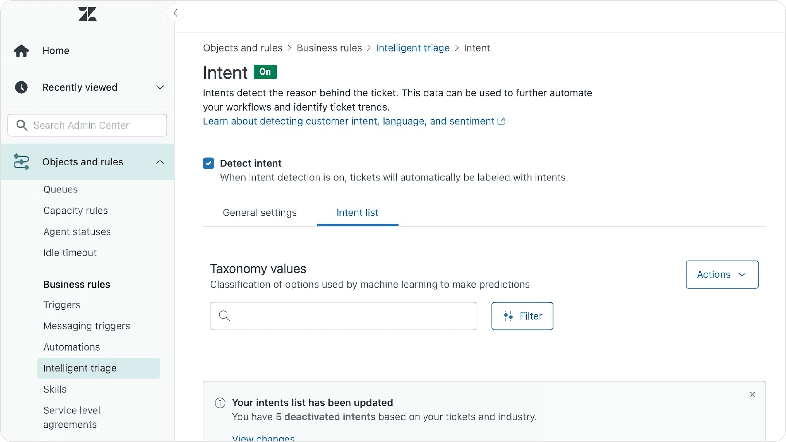 A screenshot of the Zendesk intelligent triage tab opened to the intent list.